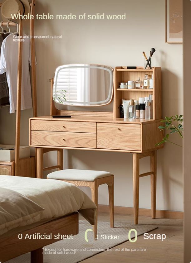 Oak, Ash Solid Wood Vanity Table Lighted Makeup Mirror.