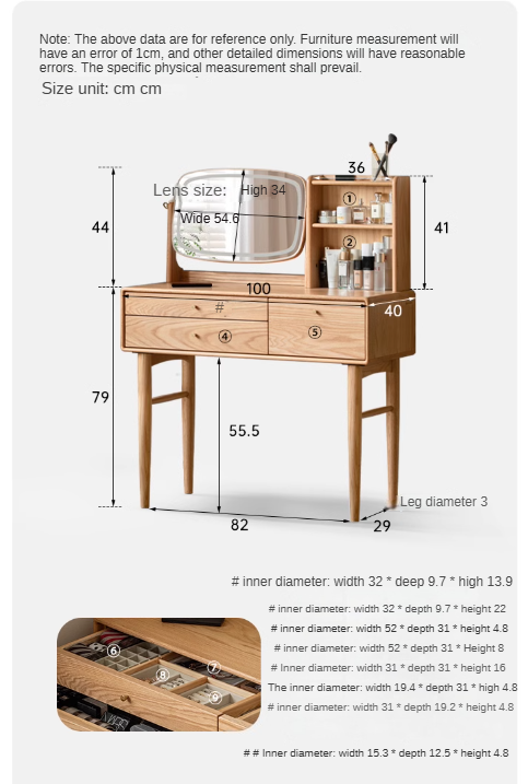 Oak, Ash Solid Wood Dressing Table Lighted Makeup Mirror.