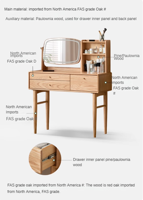 Oak, Ash Solid Wood Vanity Table Lighted Makeup Mirror.