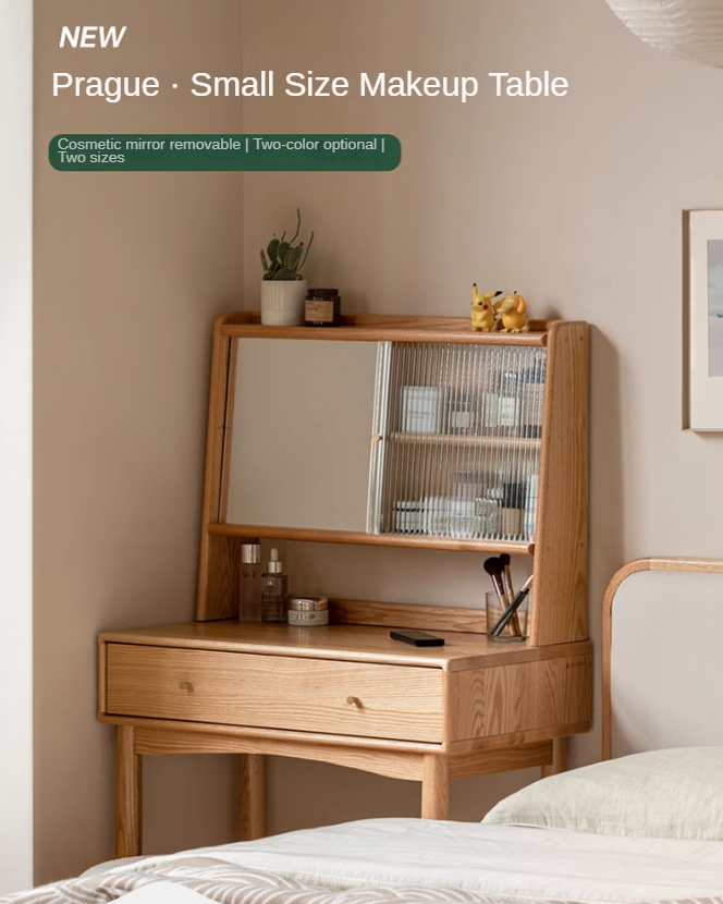 Solid Rubberwood, Oak Solid Wood Dressing Table Hidden Makeup Mirror.