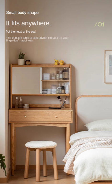 Oak Solid Wood, Solid Rubberwood Vanity Table Hidden Makeup Mirror.