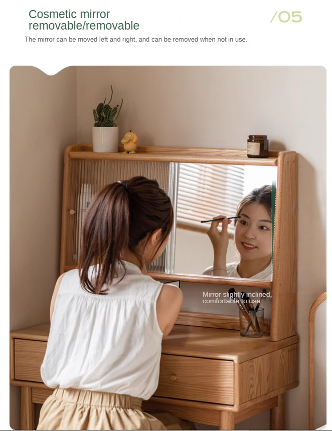 Oak Solid Wood, Solid Rubberwood Vanity Table Hidden Makeup Mirror.