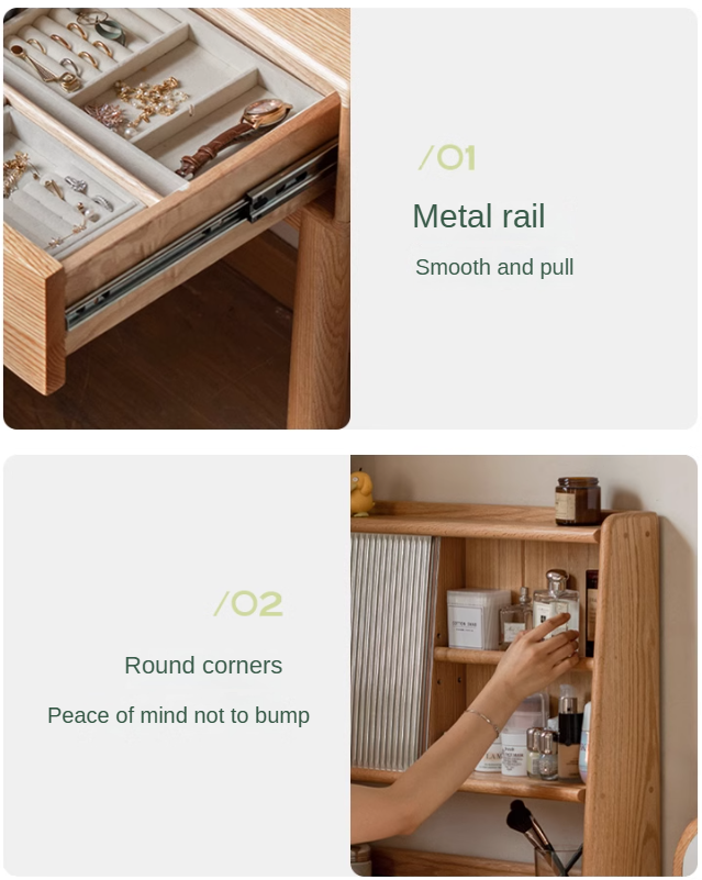 Oak Solid Wood, Solid Rubberwood Vanity Table Hidden Makeup Mirror.