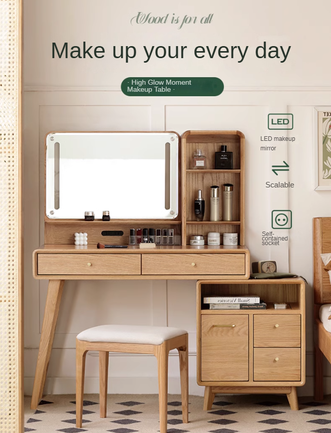 Oak, Rubberwood Solid Wood Vanity Table Telescopic.