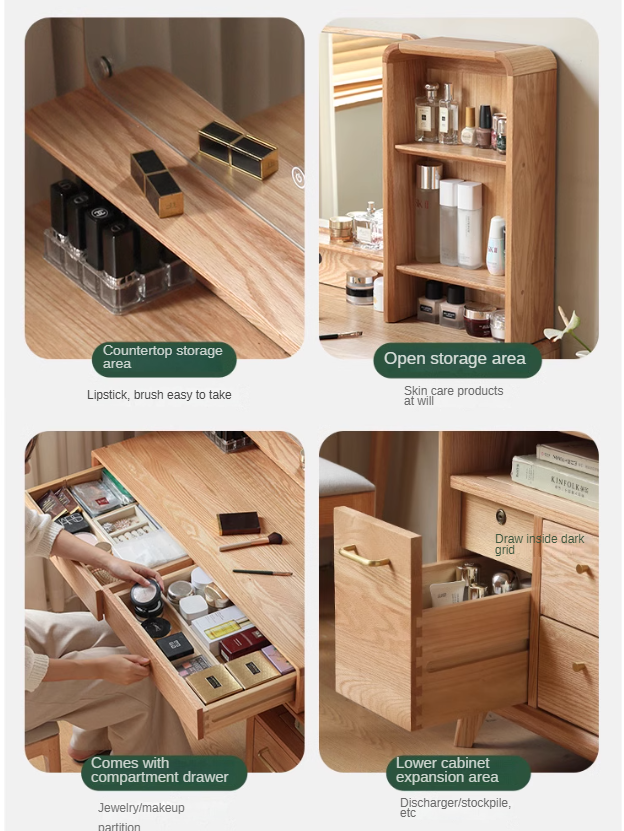 Oak, Rubberwood Solid Wood Vanity Table Telescopic.
