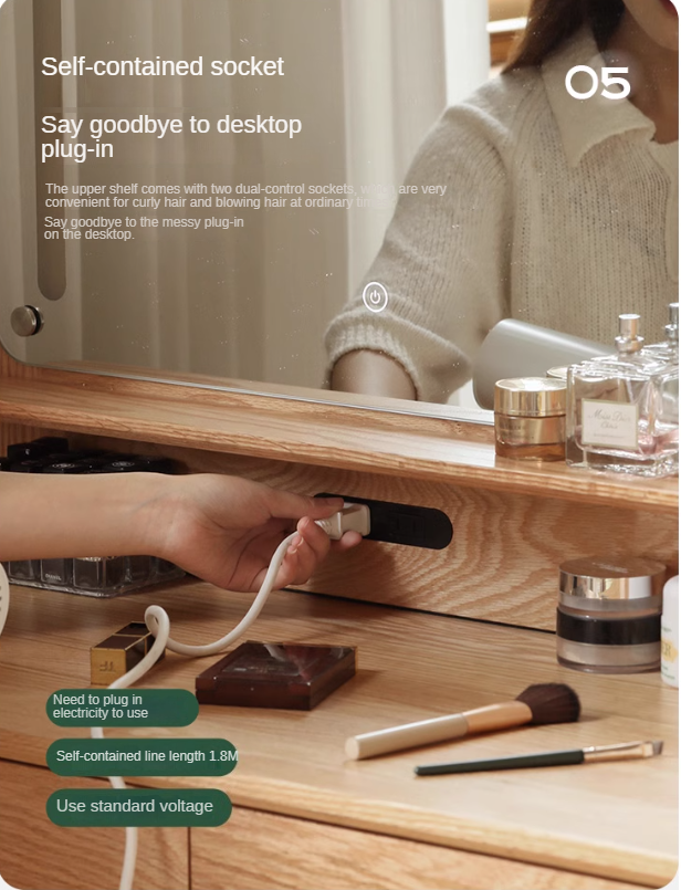 Oak, Rubberwood Solid Wood Vanity Table Telescopic.