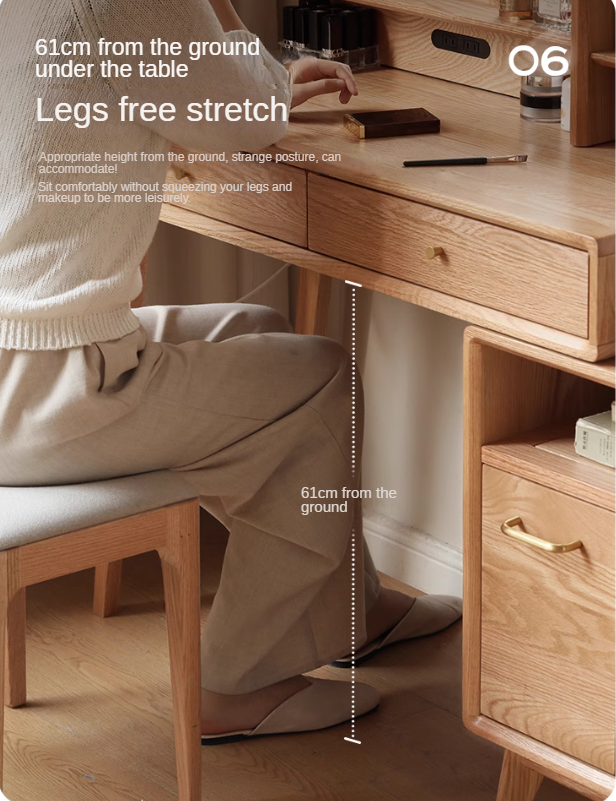 Oak, Rubberwood Solid Wood Vanity Table Telescopic.