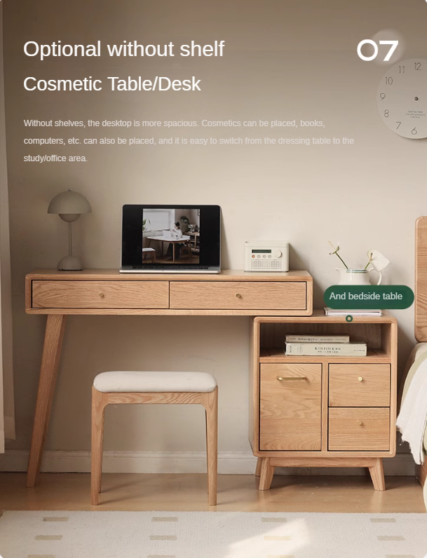 Oak, Rubberwood Solid Wood Vanity Table Telescopic.