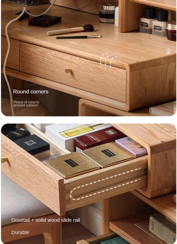 Oak, Rubberwood Solid Wood Vanity Table Telescopic.