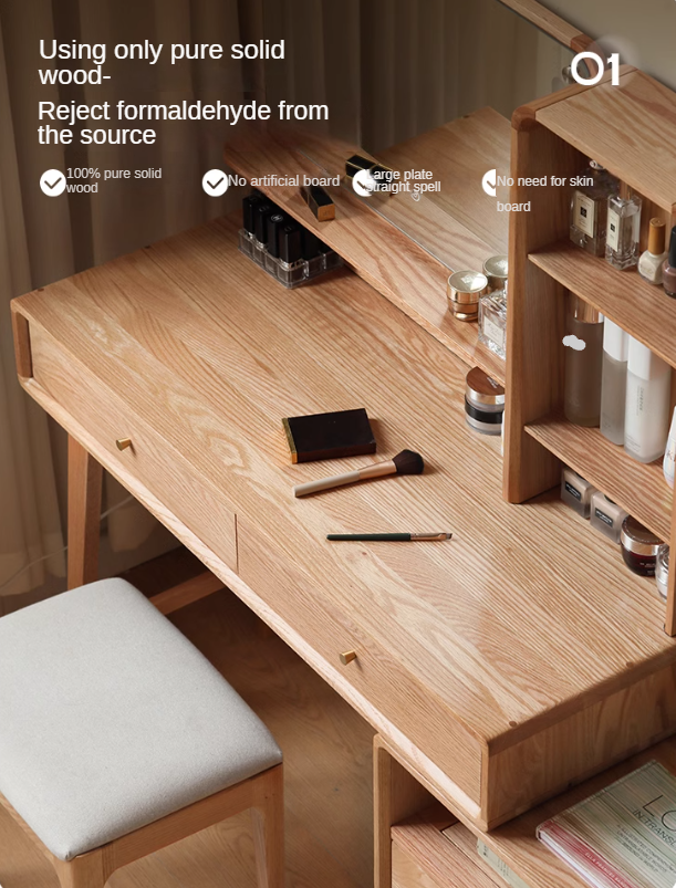 Oak, Rubberwood Solid Wood Vanity Table Telescopic.