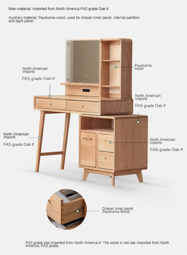 Oak, Rubberwood solid wood Dressing Table Telescopic.