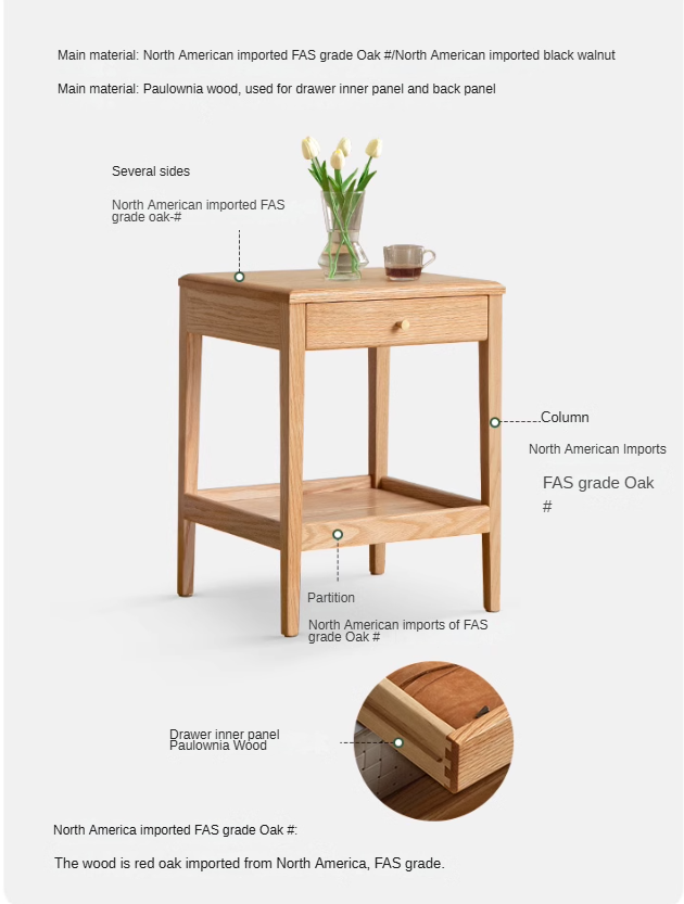 Oak, Black Walnut, RubberWood Solid Nightstand, Side Table.