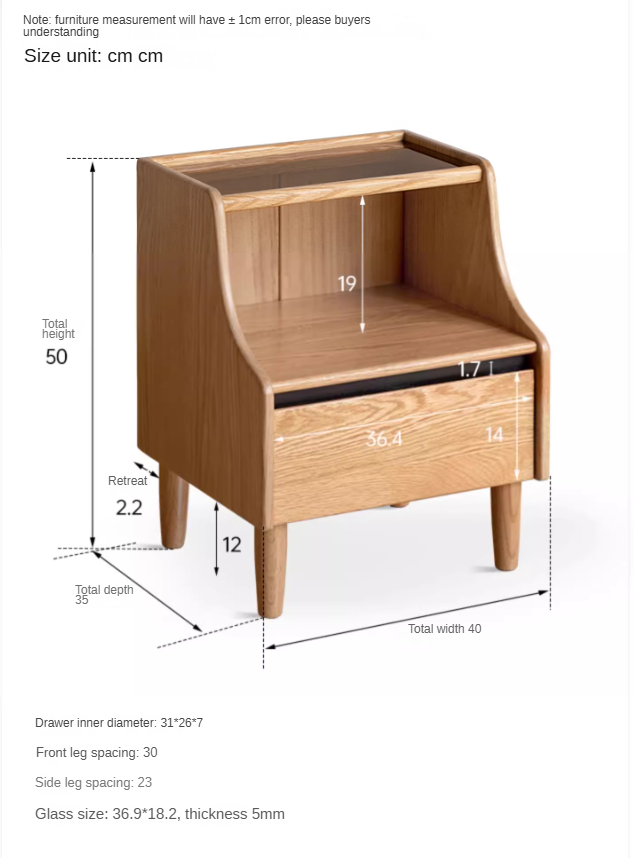 Oak Solid Wood, Solid Rubberwood Glass Nightstand