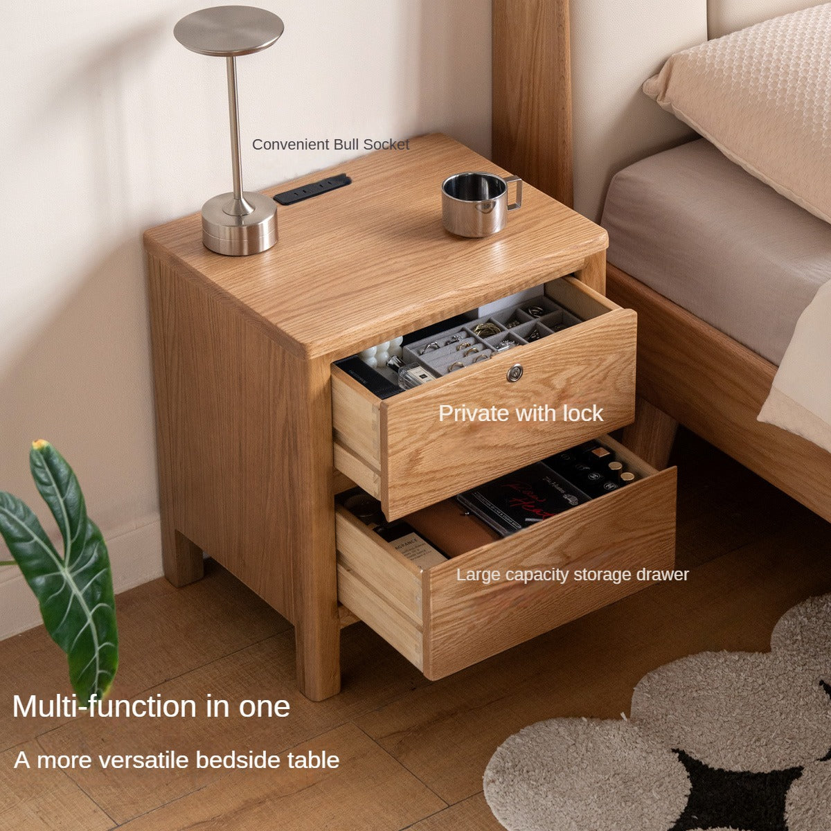 Oak Solid Wood, Solid Rubberwood Nightstand with Locker.