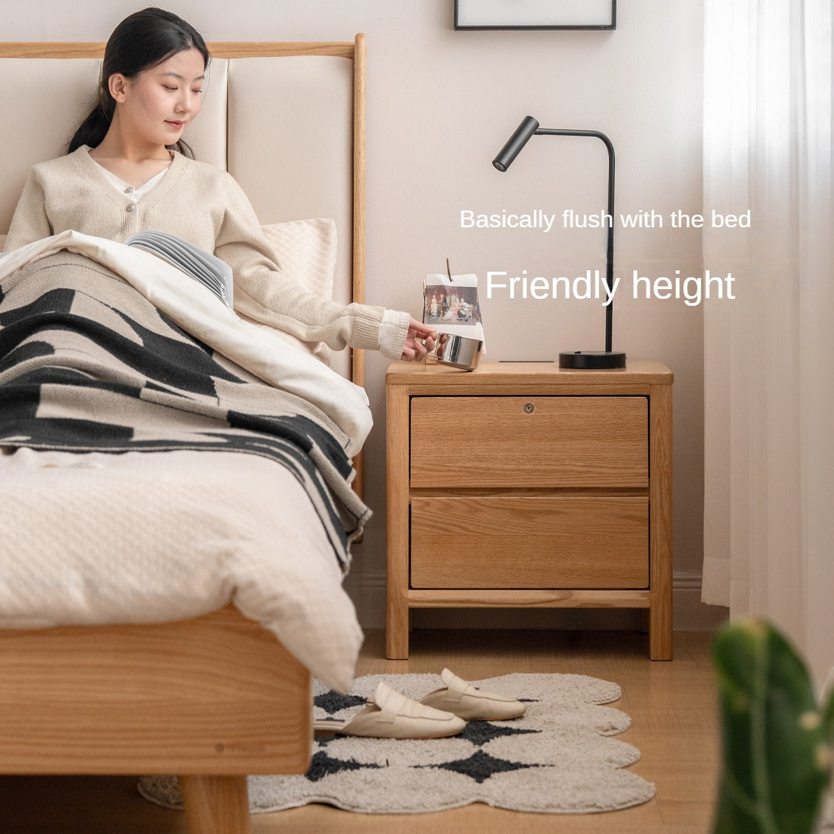 Oak Solid Wood, Solid Rubberwood Nightstand with Locker.
