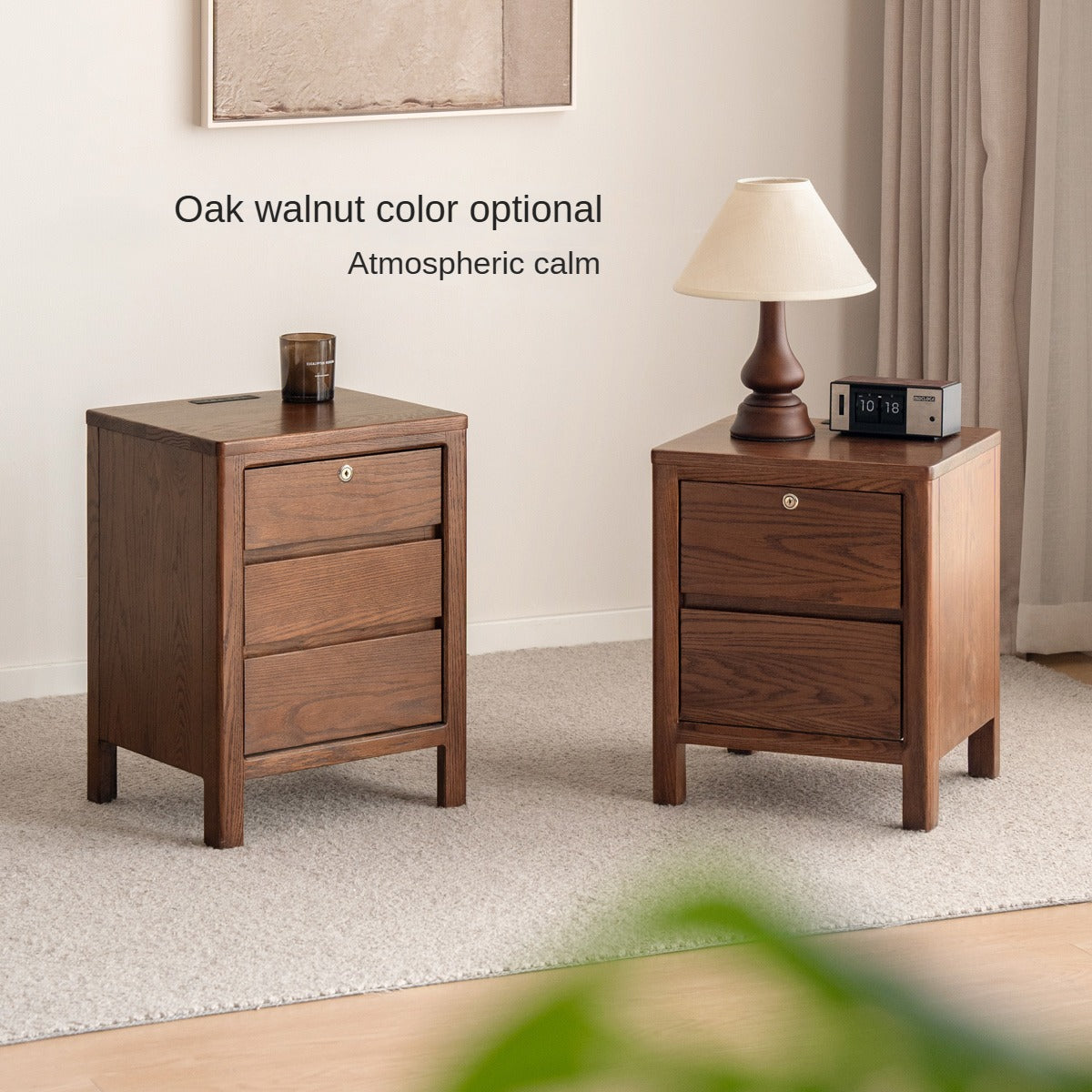 Oak Solid Wood, Solid Rubberwood Nightstand with Locker.