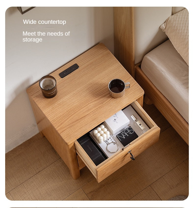 Oak Solid Wood, Solid Rubberwood Nightstand with Locker.