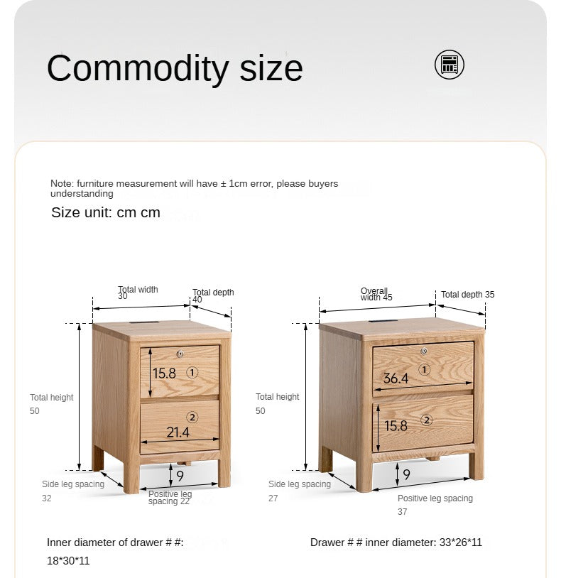Oak Solid Wood, Solid Rubberwood Nightstand with Locker.
