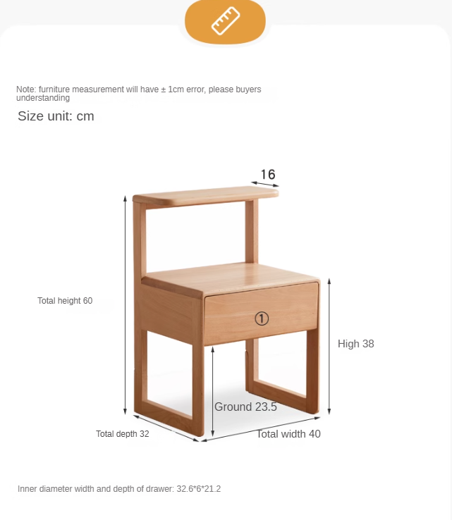 Beech Solid Wood Nightstand.