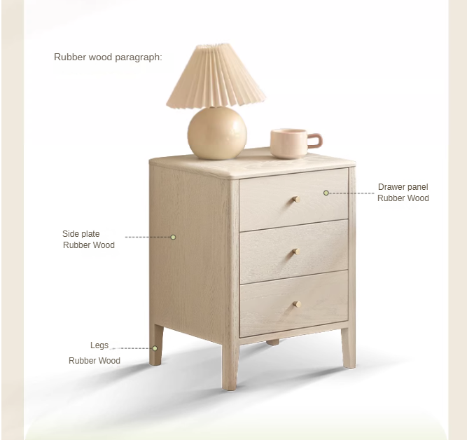 Oak Solid Wood, Solid RubberWood Nightstand Cream Style)
