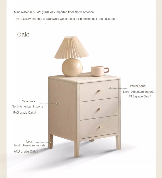 Oak Solid Wood, Solid RubberWood Nightstand Cream Style)