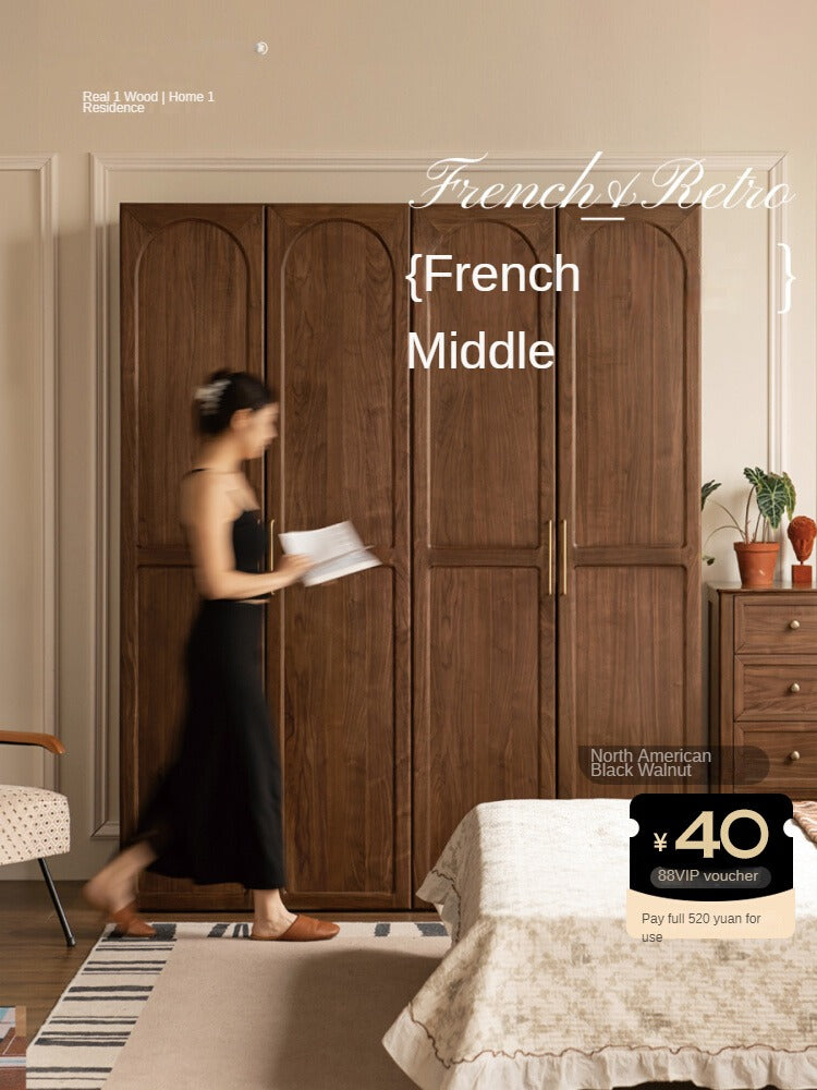 Black Walnut Solid Wood French Retro Wardrobe.