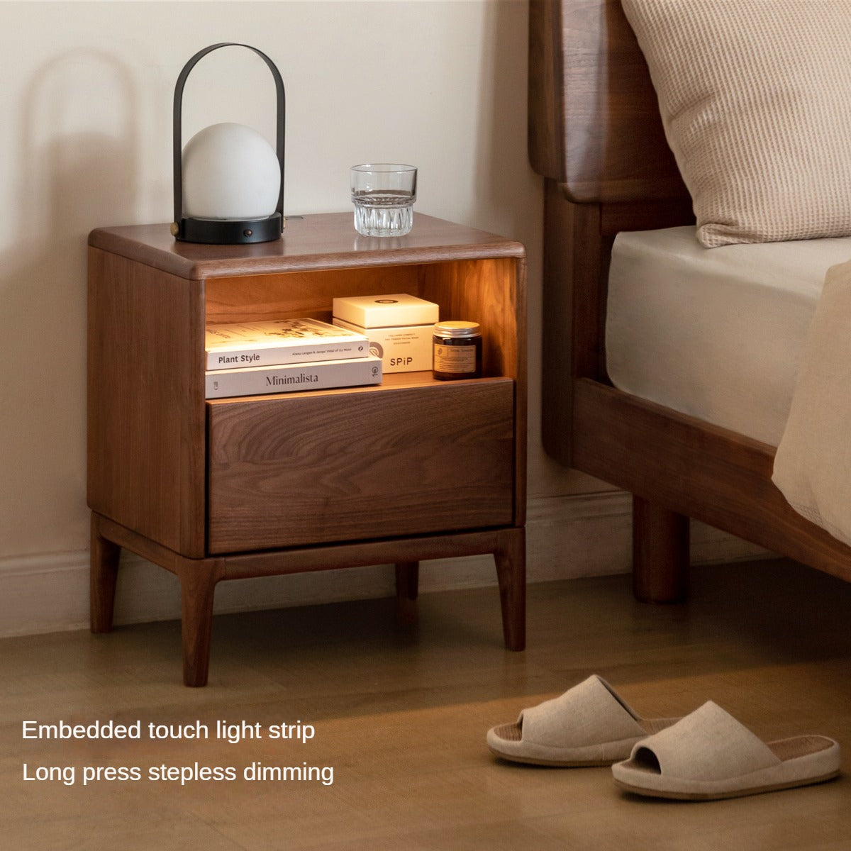 Black Walnut, Ash Solid Wood Nightstand With Light