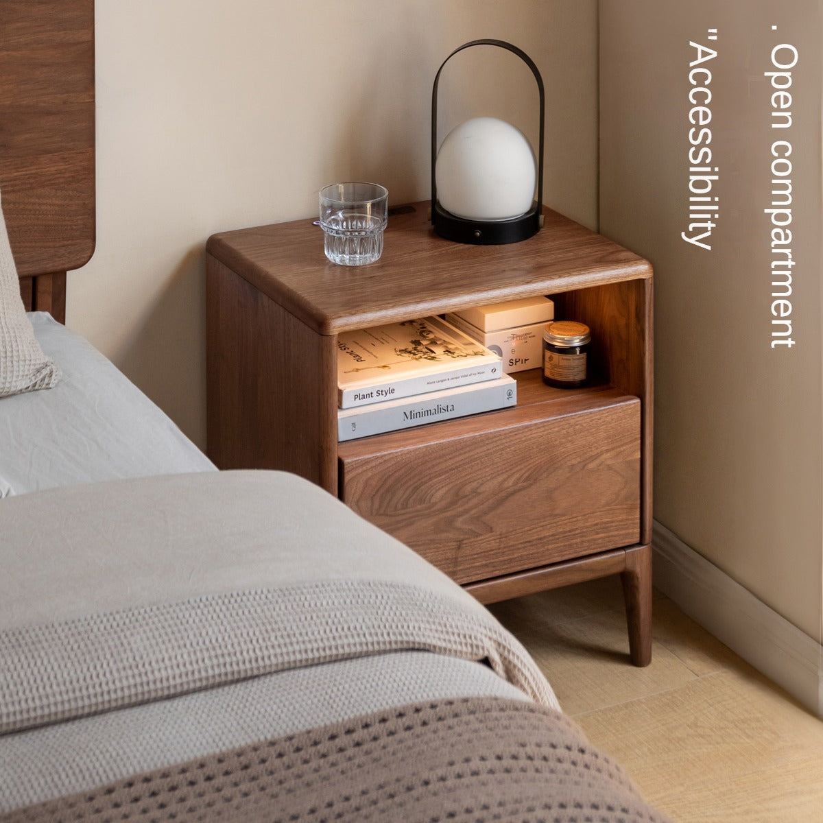 Black Walnut, Ash Solid Wood Nightstand With Light