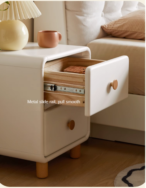 Solid Rubberwood Nightstand Cream Style White Cabinet.
