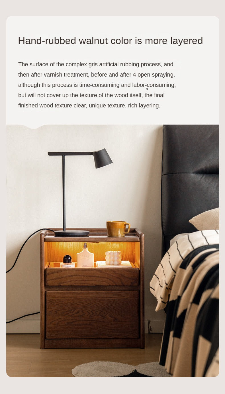 Black Walnut, Oak, Sandalwood Solid Wood Nightstand Socket, Lamp