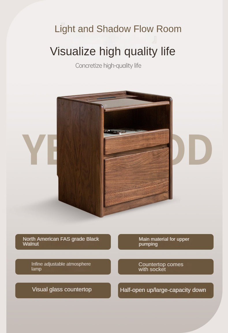 Black Walnut, Oak, Sandalwood Solid Wood Nightstand Socket, Lamp
