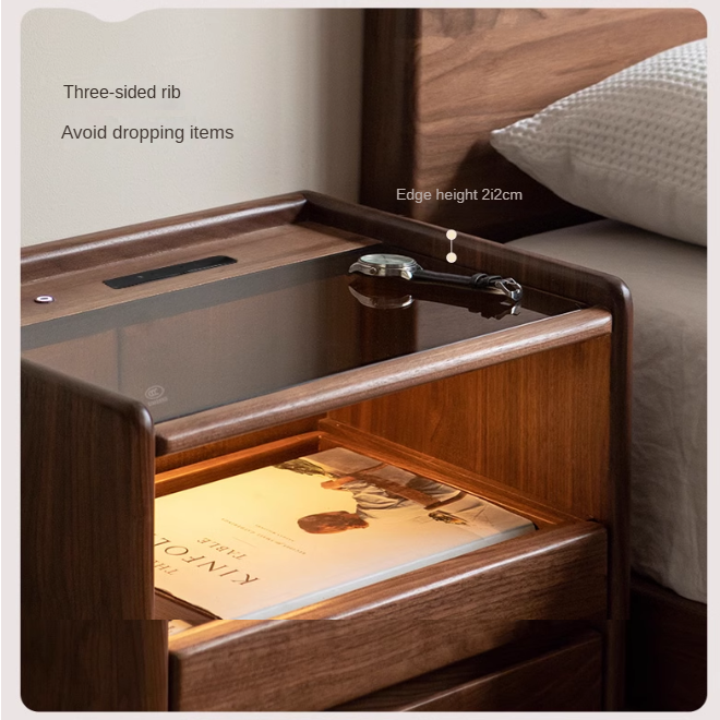 Black Walnut, Oak, Sandalwood Solid Wood Nightstand Socket, Lamp