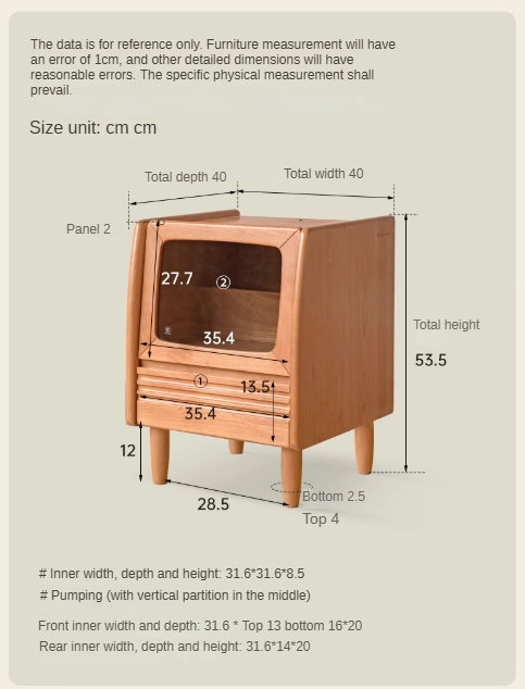 Cherry Solid Wood Art Retro Nightstand with Light Glass