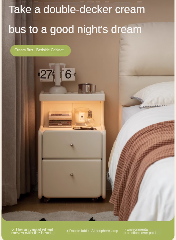 Solid RubberWood Movable Cream Style Nightstand With Light