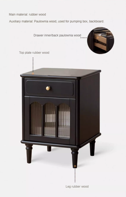 Solid RubberWood French Retro Style Black Nightstand