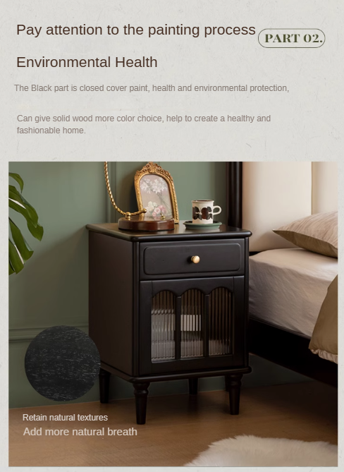 Solid RubberWood French Retro Style Black Nightstand