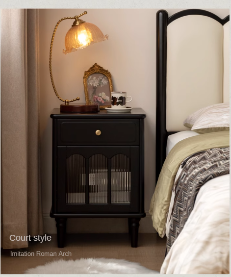 Solid RubberWood French Retro Style Black Nightstand