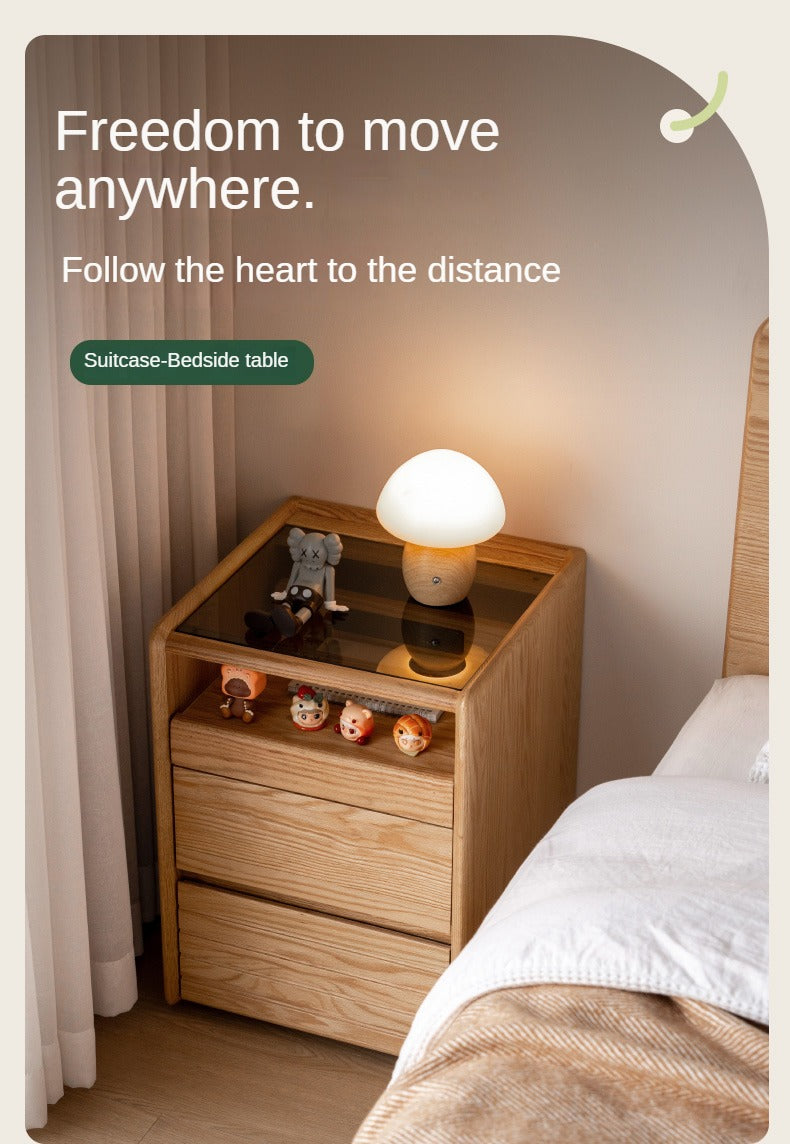 Ash, Oak Solid Wood Movable Glass Small Nightstand