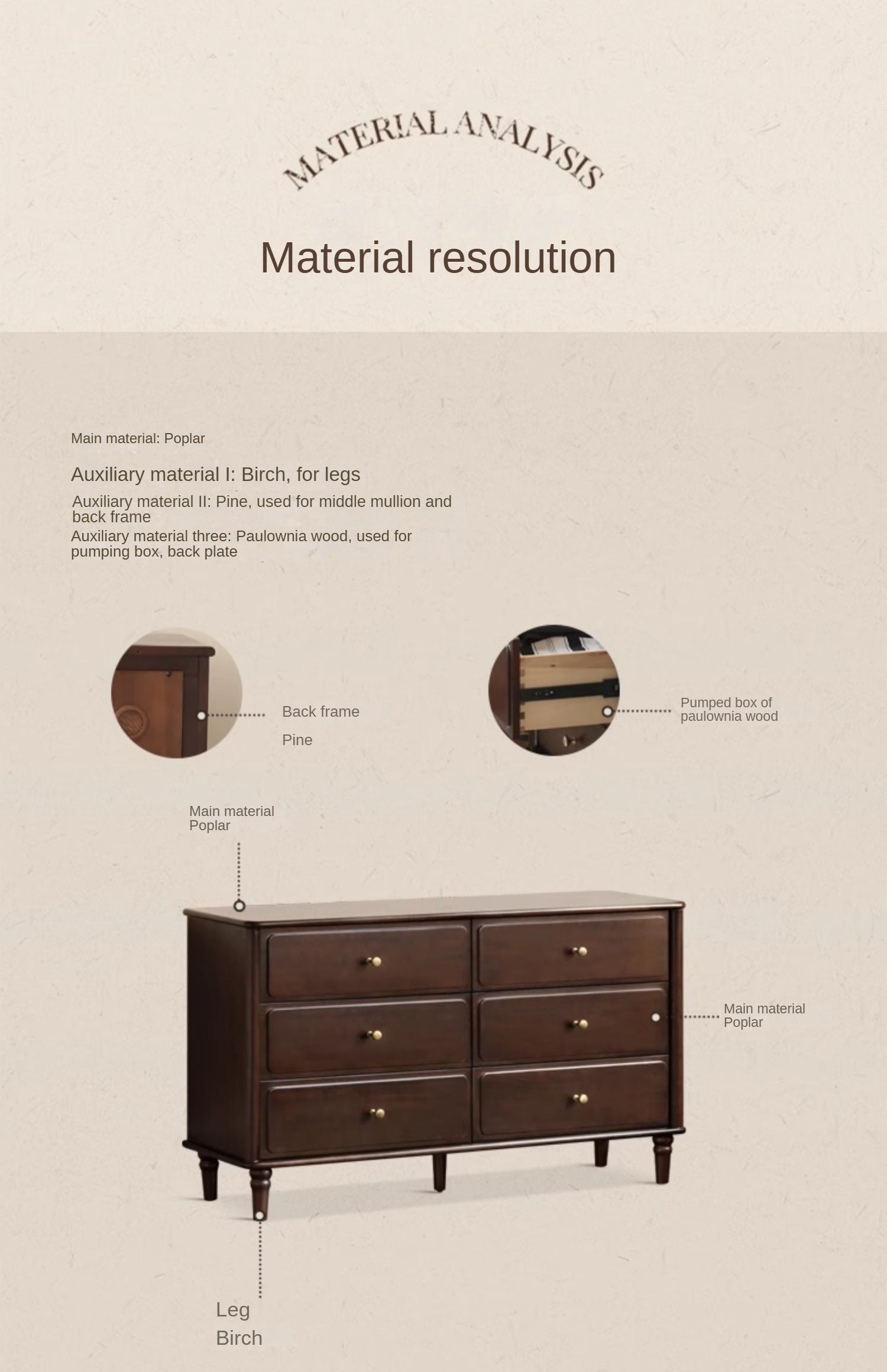 Poplar Solid Wood American Retro Style Chest of Drawers.