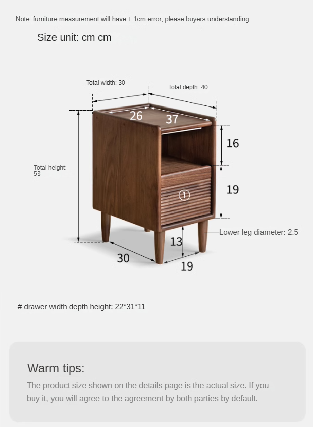 Black Walnut Solid Wood Nightstand Narrow Night Light.