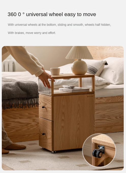 Oak Solid Wood wheel nightstand Narrow with Light)