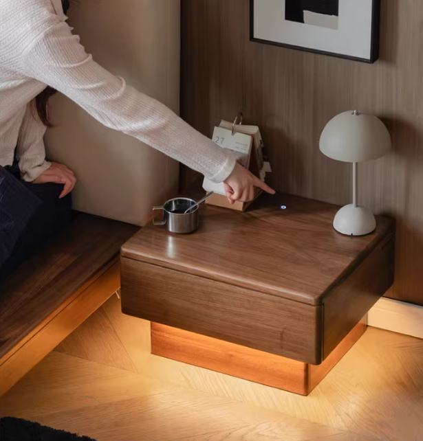 Black Walnut Solid Wood Nightstand With Light Drawer