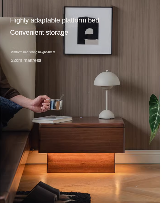 Black Walnut Solid Wood Nightstand With Light Drawer