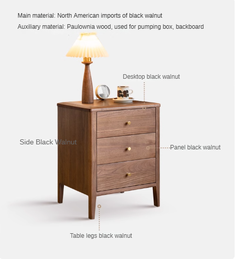Black Walnut Solid Wood Nordic Style Nightstand.