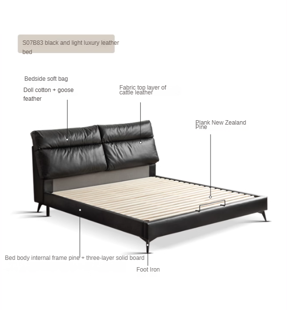 Genuine leather cowhide bed bedroom complete furniture light luxury style black.