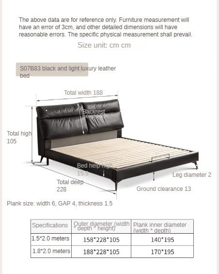 Genuine leather cowhide bed bedroom complete furniture light luxury style black.