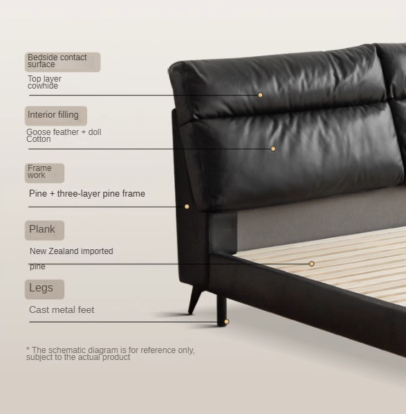 Genuine leather cowhide bed bedroom complete furniture light luxury style black.
