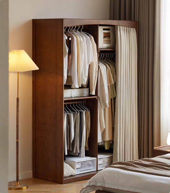 Oak, Solid Rubberwood Wardrobe Curtain Design.