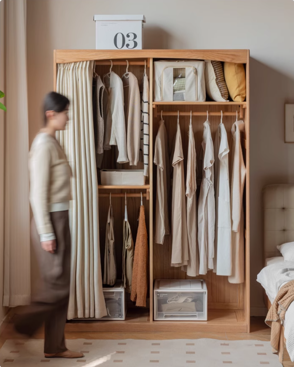 Oak, Solid Rubberwood Wardrobe Curtain Design.
