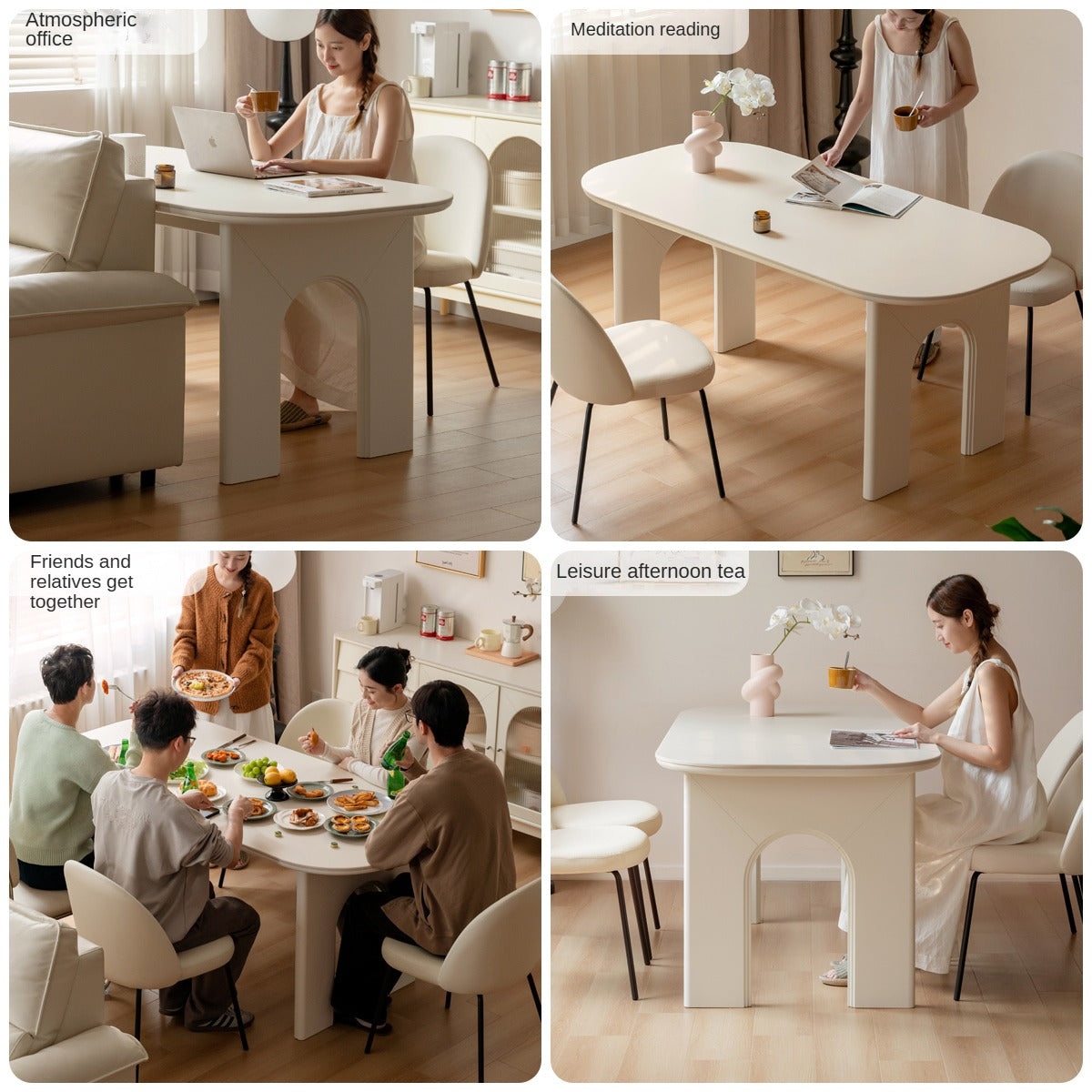 Solid Rubberwood Cream Style Rock Plate Dining Table.